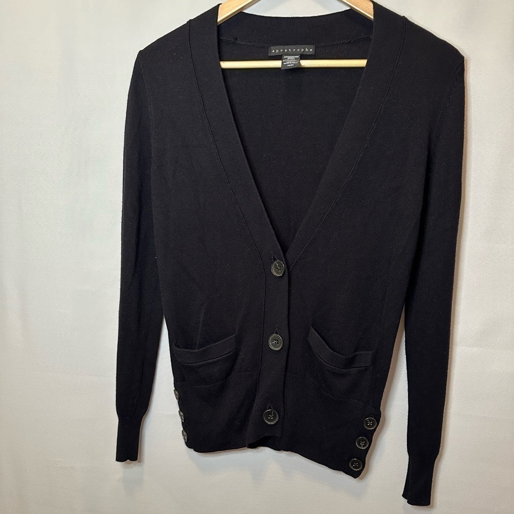 Apostrophe Sweater Cardigan Knit Front Buttons Pockets Black XS Preppy Stretchy - Picture 2 of 9